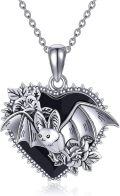 wholesale 925 Sterling Silver Black Heart Pendant with Bat and Pumpkin Charm - Gothic Halloween Jewelry for Women & Girls-0-0