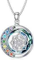 wholesale 925 Sterling Silver Chakra Crystal Round Pendant Necklaces with 7 Colorful Stones and Lotus Design for Women-0-0
