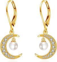 wholesale 14K Gold Crescent Moon & Pearl Dangle Earrings for Women-02-Moon Pearl Earrings