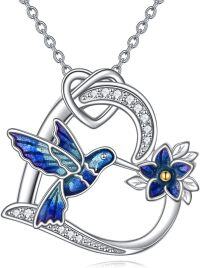 wholesale 925 Sterling Silver Blue Opal Hummingbird Flower Heart Pendant Necklace for Women-Hummingbird Necklace