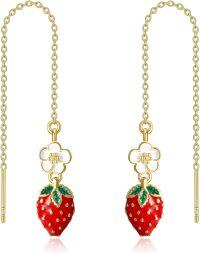 wholesale 925 Sterling Silver Red Enamel Flower & Fruit Drop Earrings-Strawberry