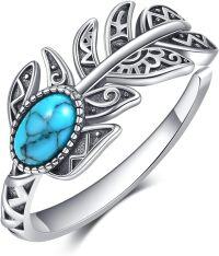 wholesale 925 Sterling Silver Turquoise Leaf Design Adjustable Band Ring Boho Style Statement  for Her Him-Feather
