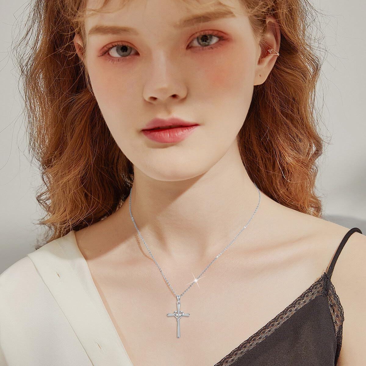 Sterling Silver Lab Grown Diamond Cross Necklace for Women-0-4