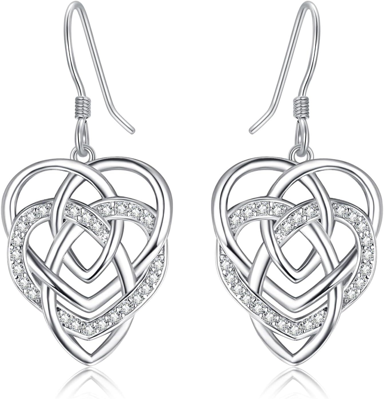 Sterling Silver Celtic Motherhood Knot Dangle Earrings Celtic Jewelry Gifts-Cubic Zirconia Dangle