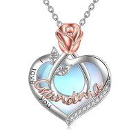 wholesale 925 Sterling Silver Heart-Shaped Rose & Moonstone Pendant Necklace for Grandmother-I Love You Grandma Necklace-Moonstone
