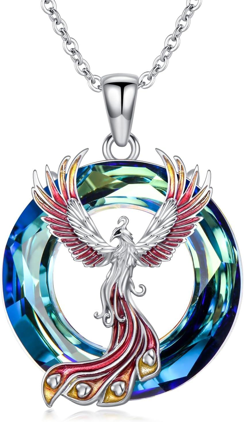 Sterling Silver Crystal Phoenix Pendant Necklace-Blue