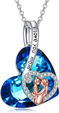 wholesale 925 Sterling Silver Blue Crystal Heart Mother Daughter Pendant Necklaces for Women Gifts I Love You Mom Jewelry Set-Mother Crystal Necklace