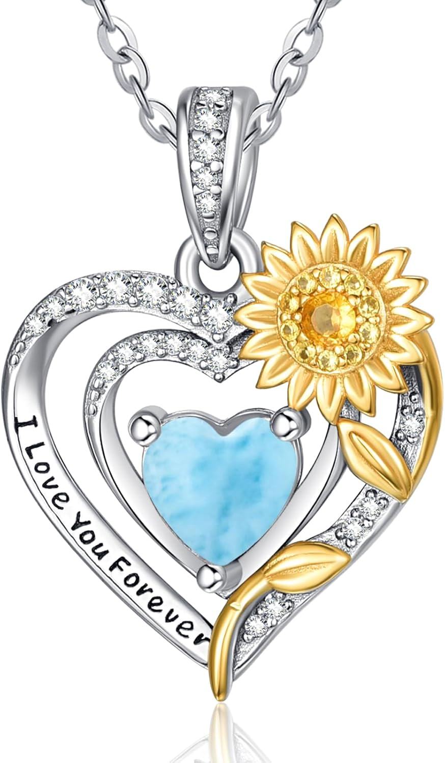 Sterling Silver Sunflower Birthstone Pendant Necklace for Women-Larimar