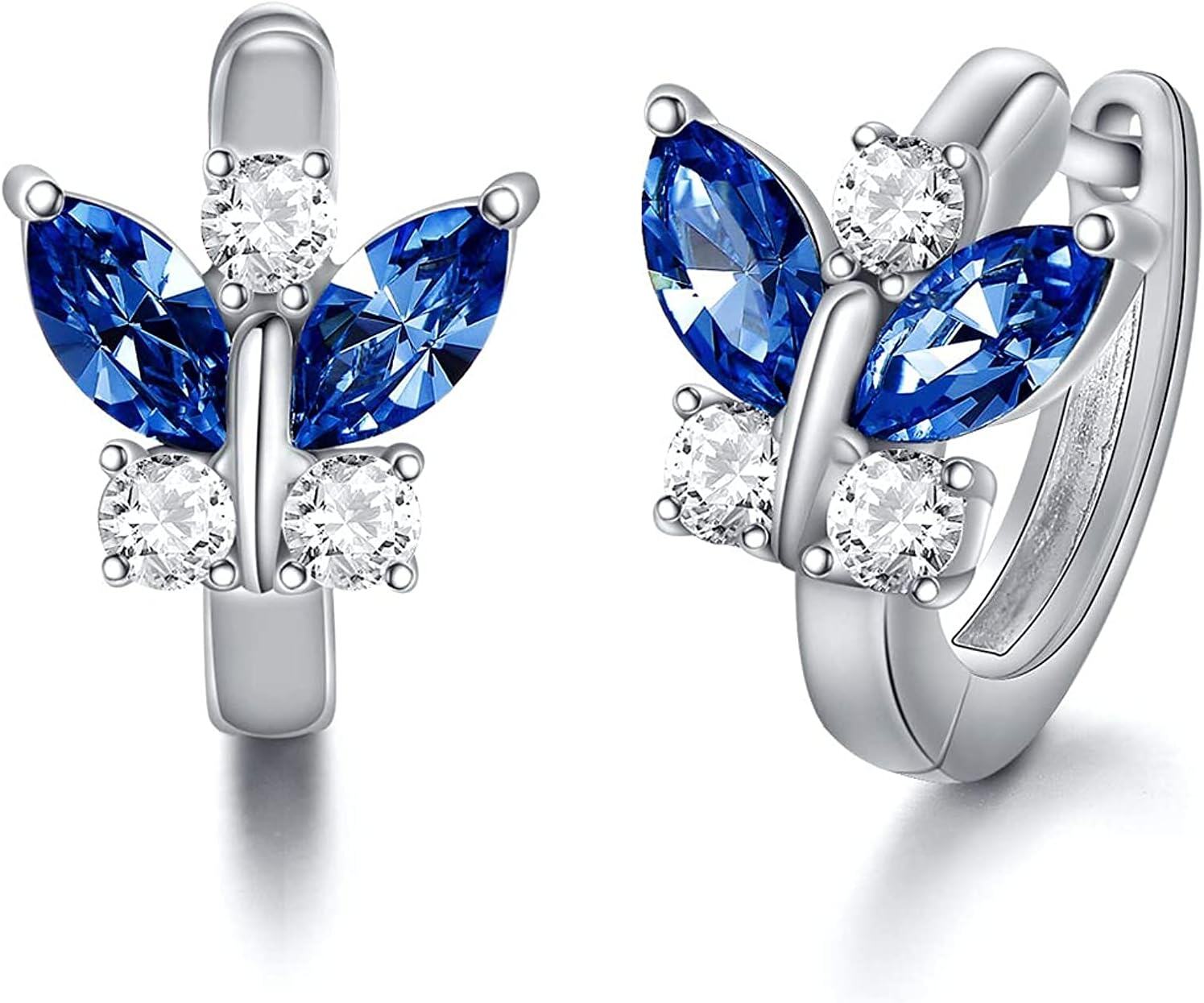 Sterling Silver Austrian Simulated Aquamarine Butterfly Hoop Earrings Hypoallergenic Gift for Women-DEEP BLUE