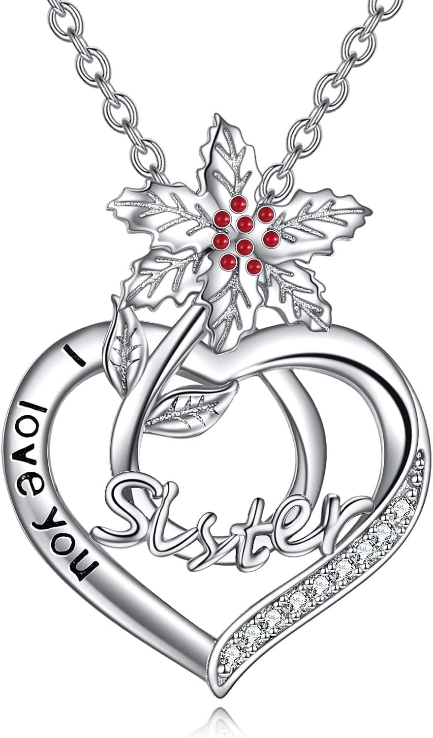  Sterling Silver Birth Flower Sister Necklace I Love You Sister Pendant Fashion Jewelry Gift for Women -12-December-Holly