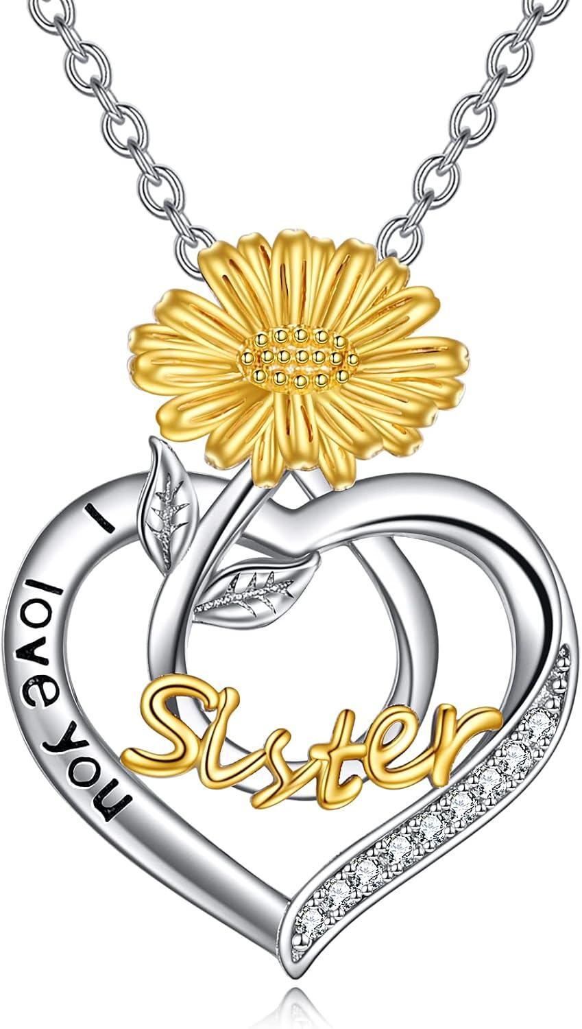  Sterling Silver Birth Flower Sister Necklace I Love You Sister Pendant Fashion Jewelry Gift for Women -0-1