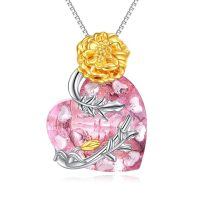 wholesale 925 Sterling Silver Heart Pendant With Golden Flower Pink Heart Detailing Chain Necklace Wholesale Jewelry-10-October-Marigold