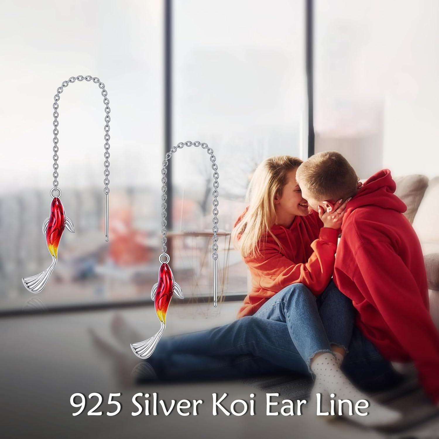 925 Sterling Silver Red Fish Drop Threader Earrings for Women and Girls-0-2
