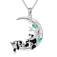 wholesale 925 Sterling Silver Panda On Crescent Moon Pendant With Green Accents-Panda