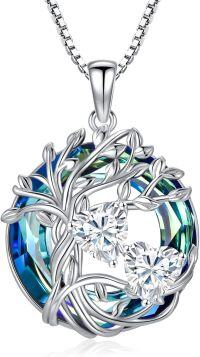 wholesale 18K White Gold Filled Sterling Silver Family Tree Pendant with 2 Heart Birthstones Blue Austrian Crystal Necklace for Women-04-04-Apr-Apr Birthstone
