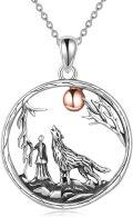 wholesale 925 Sterling Silver Wolf Howl Pendant Necklace with Moon and Branches - Mother's Day Gifts for Her-0-0