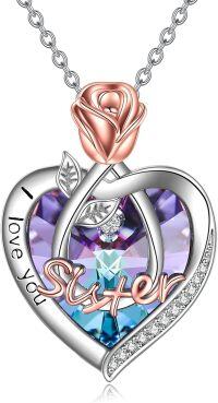 wholesale 925 Sterling Silver Rose Heart Pendant Necklace for Women - I Love You Sister -I Love You Sister with Purple Heart Crystal-Rose Flower