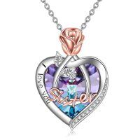 wholesale 925 Sterling Silver Rose Heart Pendant Necklace for Women - I Love You Sister -I Love You Sister with Purple Heart Crystal-Rose Flower