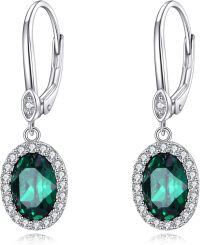 wholesale 925 Sterling Silver Oval Emerald Cut Gemstone Drop Earrings with Cubic Zirconia Halo Accents-green CZ