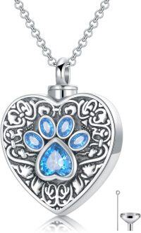 wholesale 925 Sterling Silver Heart Paw Print Blue Crystal Pet Cremation Jewelry Urn Pendant Necklace for Dogs Cats Ashes Keepsake Gift-01-Text Personalized