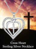 wholesale 925 Sterling Silver Heart with Cross Pendant Necklace for Women and Men - Religious-0-2