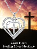wholesale 925 Sterling Silver Heart with Cross Pendant Necklace for Women and Men - Religious-0-2