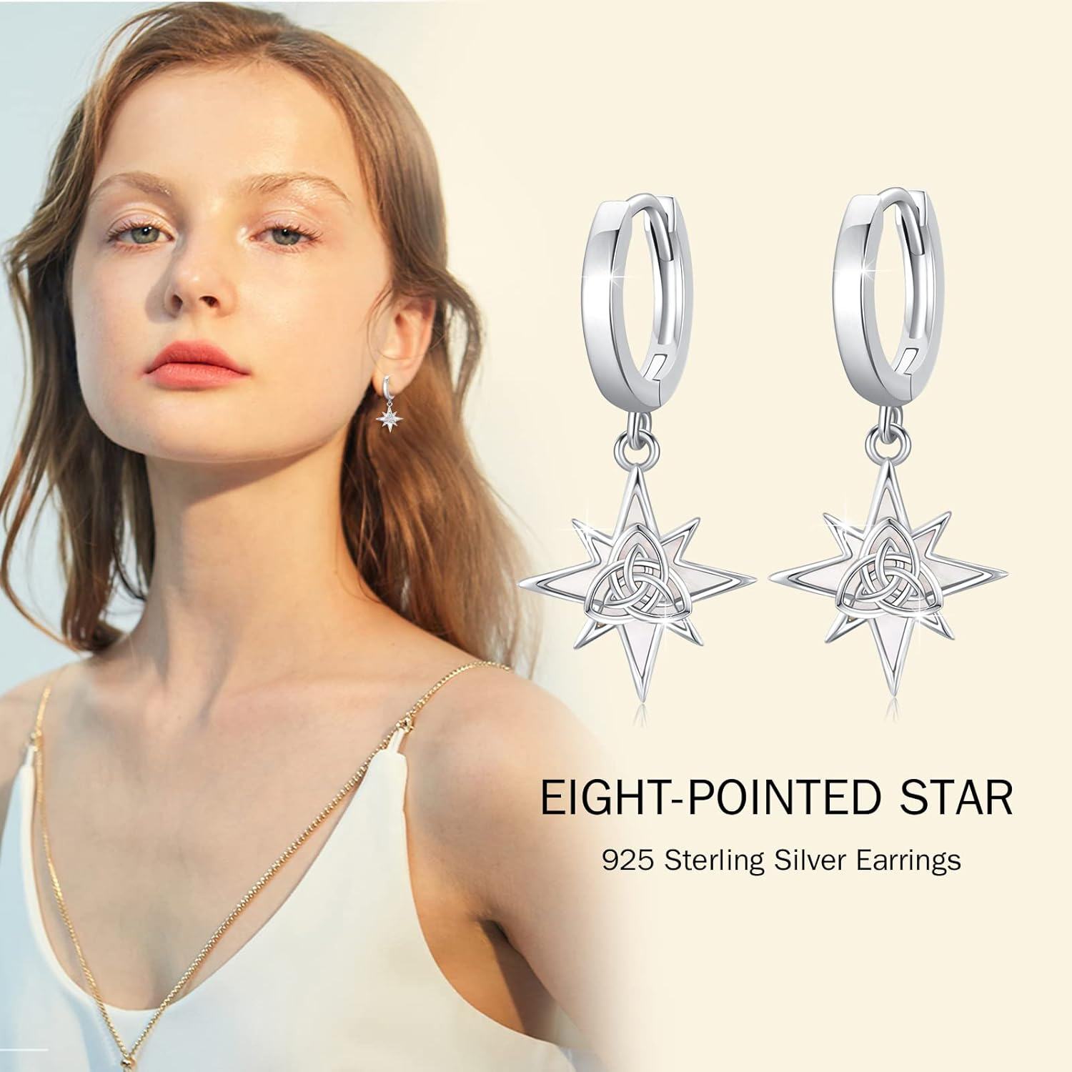 wholesale 925 Sterling Silver Celtic Knot Star Huggie Hoop Earrings with Mother of Pearl Inlay for Women Girls (Hypoallergenic)-0-3