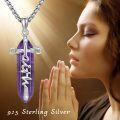 wholesale 925 Sterling Silver Purple Amethyst Cross Pendant Christian Faith Necklace Gift for Women Girls-0-1