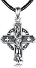wholesale 925 Sterling Silver Saint Michael Archangel Cross Pendant Necklace with Black Leather Chain and White Stones-0-0