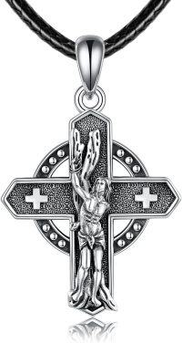 wholesale 925 Sterling Silver Saint Michael Archangel Cross Pendant Necklace with Black Leather Chain and White Stones-St Sebastian