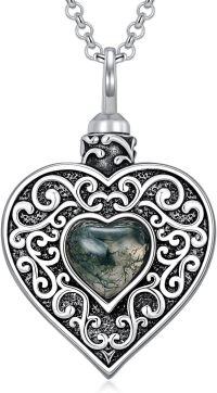 wholesale 925 Sterling Silver Heart-Shaped Moss Agate and Turquoise Cremation Jewelry Urn Pendant Necklace-Moss Agate