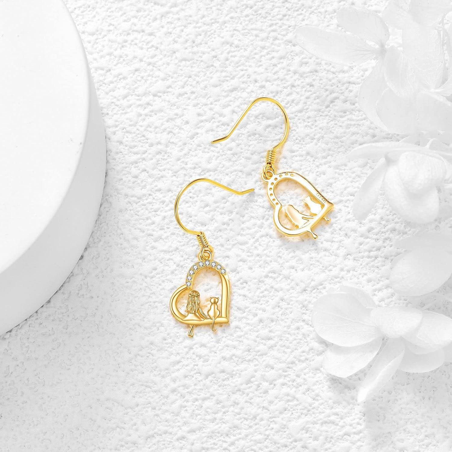 14K Gold Cat Drop Earrings for Women Real 14K Yellow Gold Dangle Jewelry Birthday Gifts for Her-0-3
