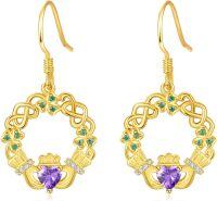 wholesale 925 Sterling Silver Birthstone Claddagh Celtic Knot Dangle Earrings for Women-Gold February