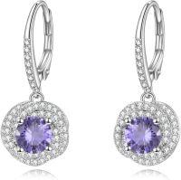 wholesale 925 Sterling Silver Round Tanzanite Halo Leverback Drop Earrings Gemstone s for Her-Amethyst