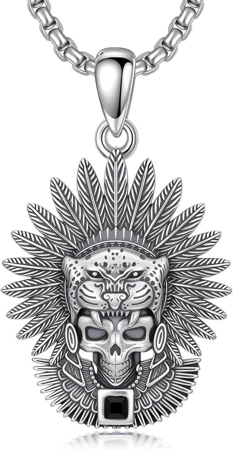 925 Sterling Silver Aztec Jaguar & Feather Pendant Necklaces for Men Women Gothic Tribal Ethnic Style Gift Jewelry 48 Chain Length-0-0