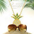 wholesale Gold Pineapple Pendant with Green Stones and White Crystals on 925 Sterling Silver Chain-0-5