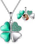 wholesale 925 Sterling Silver Green Enamel & CZ Four-Leaf Clover Photo Locket Necklace-0-0