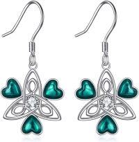 wholesale 925 Sterling Silver Heart-Shaped Emerald Green Drop Earrings with Celtic Knot Design - Irish Style  for Her-Clover Earrings