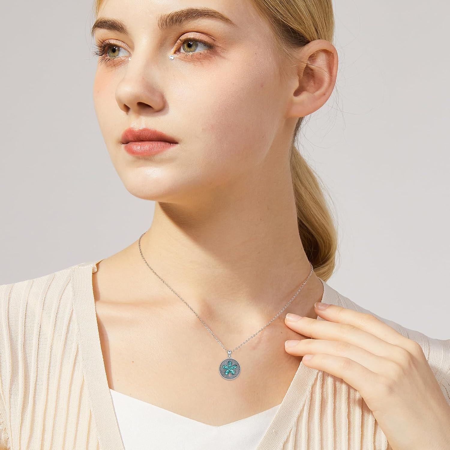 925 Sterling Silver Turquoise Flower Pendant Necklace for Women-0-4