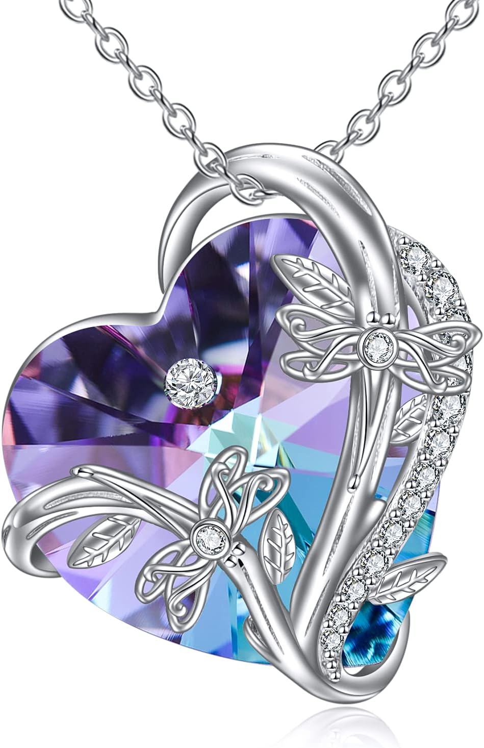 Sterling Silver Heart Crystal Necklace with Butterfly Dragonfly Bee Ladybug Spider Glowworm Jewelry for Women-0-0