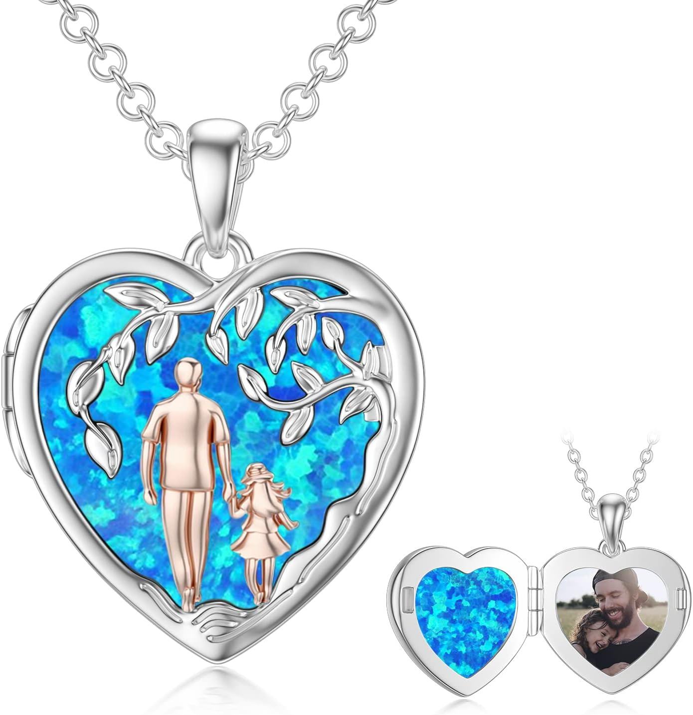 Sterling Silver Abalone Shell Daughter Locket Necklace Gift from Mom Dad-02-04-Father Daughter Locket-Simulated Blue Opal+ Photo-02-04-Father Daughter Locket-Simulated Blue Opal