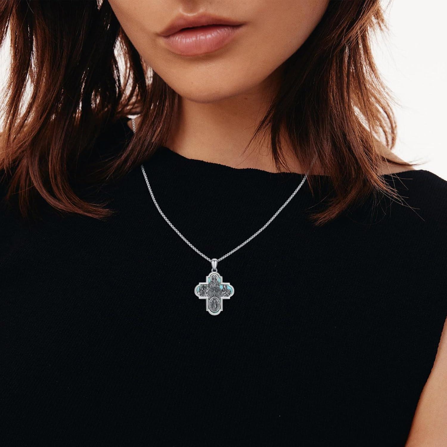 wholesale 925 Sterling Silver Cross with Turquoise and Religious Figures Pendant Necklace for Men Women-0-2