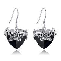 wholesale 925 Sterling Silver Black Heart Crystal Rose Thorn Vine Drop Earrings-Rose