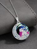 wholesale 925 Sterling Silver Rainbow Crystal Moon & Owls Pendant Necklace Gift for Women-0-3