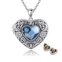 wholesale 925 Sterling Silver Heart Photo Locket Necklace With Blue Stone-Locket