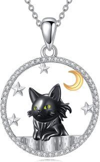 wholesale 925 Sterling Silver Black Cat Pendant with Stars and Crescent Moon - Gifts for Women-Cat