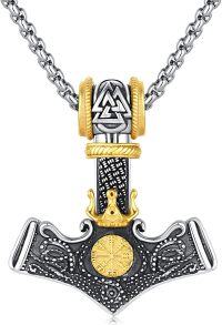 wholesale 925 Sterling Silver Viking Necklace with Mjolnir Yggdrasil Wolf Deer Raven Dragon Pendant Norse Jewelry Gifts -L01 - Gold Thors Hammer
