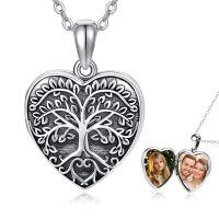 wholesale 925 Sterling Silver Heart Shaped Photo Locket Necklace w/Tree of Life & Elephant Charm-Tree of Life