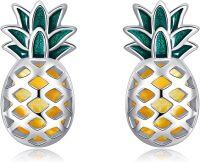 wholesale 925 Sterling Silver Pineapple Stud Earrings with Green Leaves and Yellow Slices-Pineapple