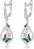 wholesale 925 Sterling Silver Green & Pink Enamel Butterfly and Flower Teardrop Dangle Earrings for Women Girls Gift-0-0